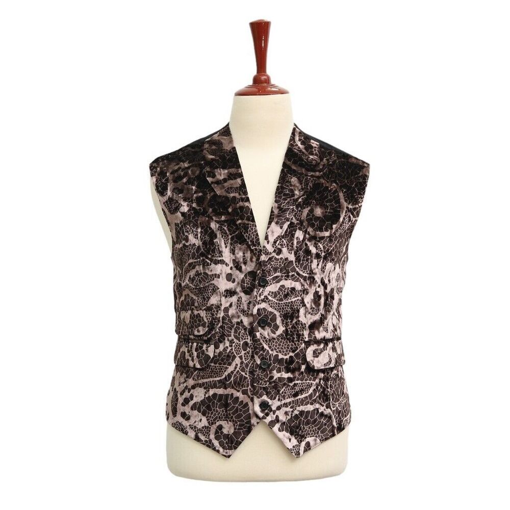 Mens Vest Suit Lapel Brown Geometric Velvet Dress Formal Wedding Waistcoat XL 46